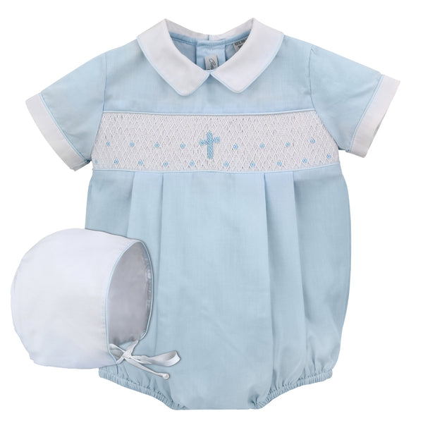 Blue Hand Smocked Cross Baby Boy Bubble Romper2 - Imagewear