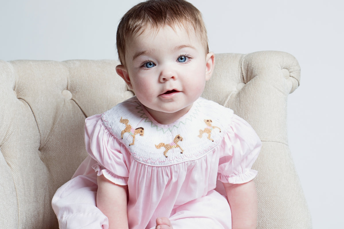 Petit Bebe Girls Pink Gingham Smocked Horses Bishop Dress
