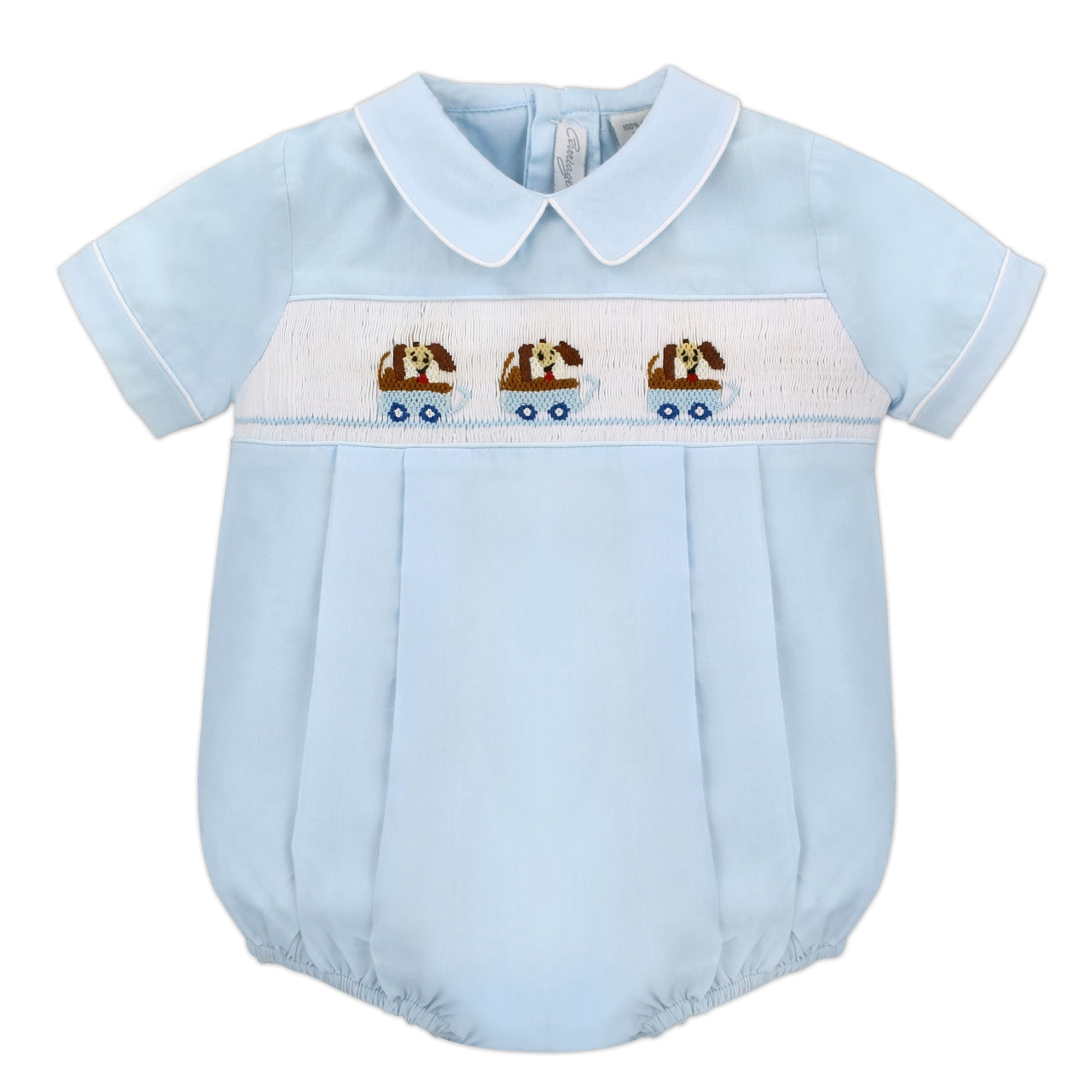 Wholesale Hand Smocked Light Blue Dogs in Wagon Baby Boy Bubble Romper - Imagewear