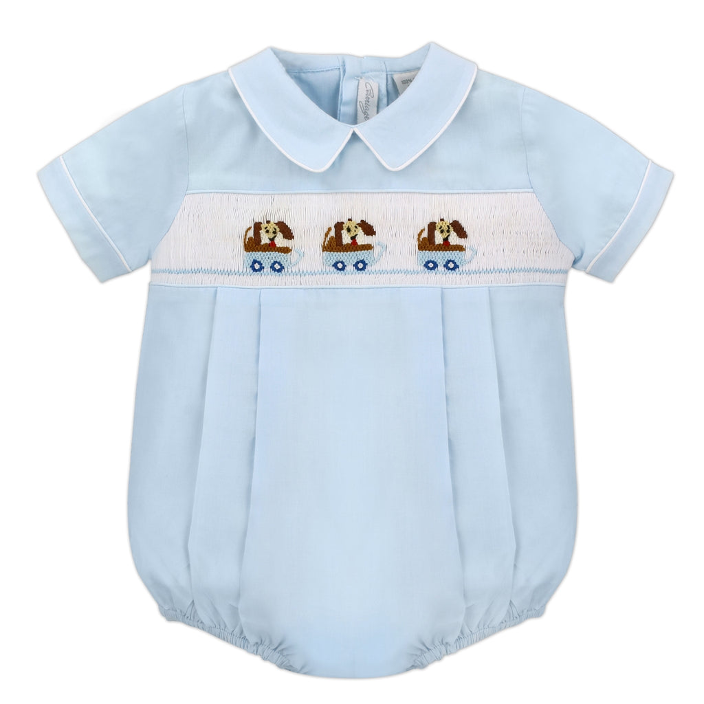 Wholesale Hand Smocked Light Blue Dogs in Wagon Baby Boy Bubble Romper - Imagewear