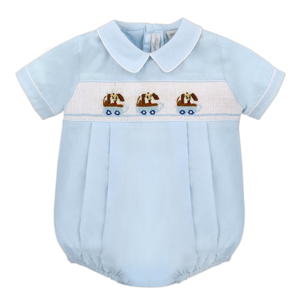 Wholesale Hand Smocked Light Blue Dogs in Wagon Baby Boy Bubble Romper - Imagewear