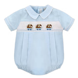 Wholesale Hand Smocked Light Blue Dogs in Wagon Baby Boy Bubble Romper - Imagewear