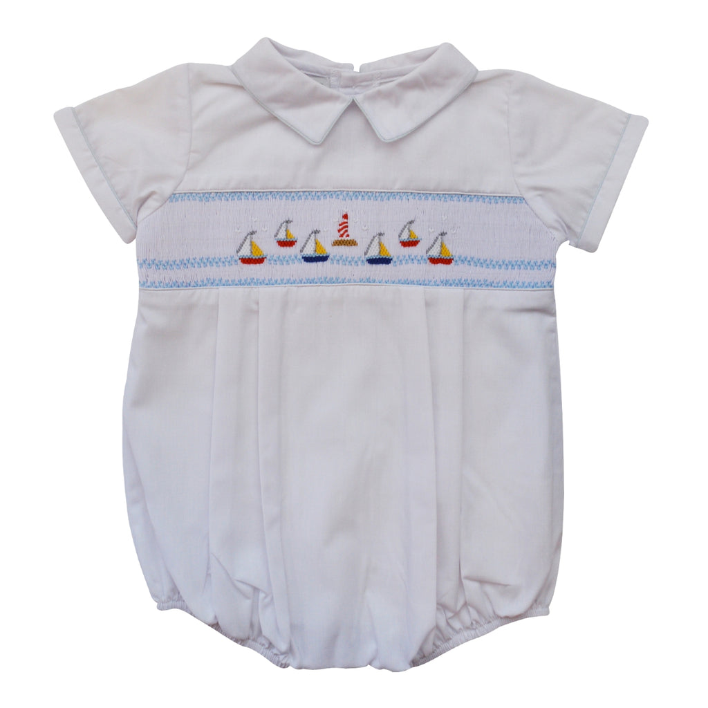 Wholesale Hand Smocked Mini Sail Boats Baby Boy Bubble Romper - Imagewear