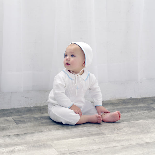 Wholesale Knit Pearl Blue Baby Boy Baptism Outfit with Bonnet