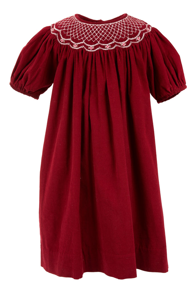 Wholesale Maroon Corduroy Bishop Short Sleeve Baby Girl Dress 4