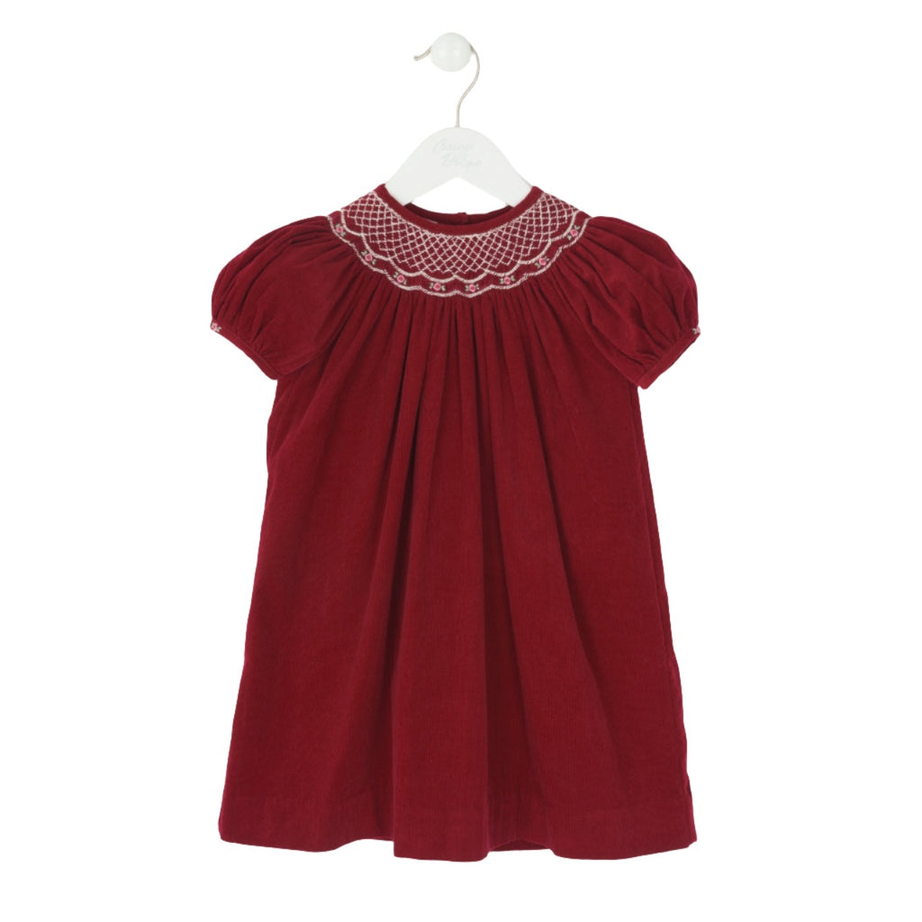 Wholesale Maroon Corduroy Bishop Short Sleeve Baby Girl Dress