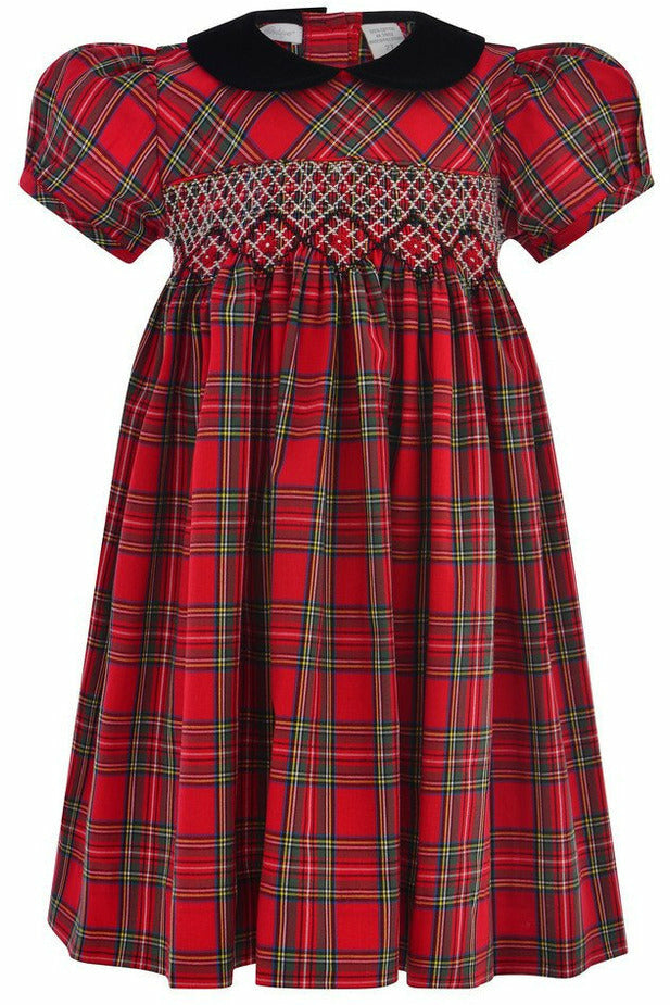 short hand dress design Plaid Short Sleeve Dress with Hand Smocked Design