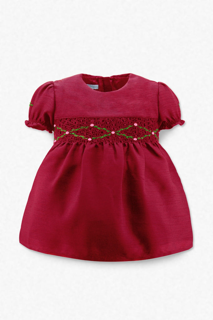 Wholesale Red Floral Smocked Silk Baby Girl Short Sleeve Dress