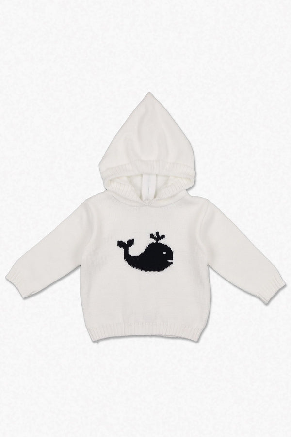 Smocked Whale White Hooded Zip Back Baby & Toddler Sweater