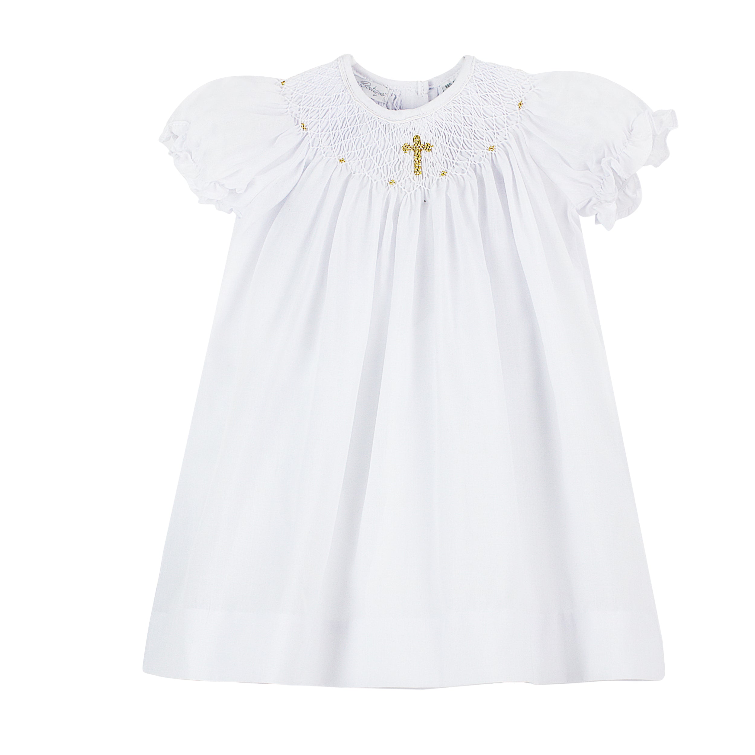  Baby Girls Hand Smocked Gold Cross Bishop Dress with Bonnet - White, , Carriage Boutique, Imagewear 