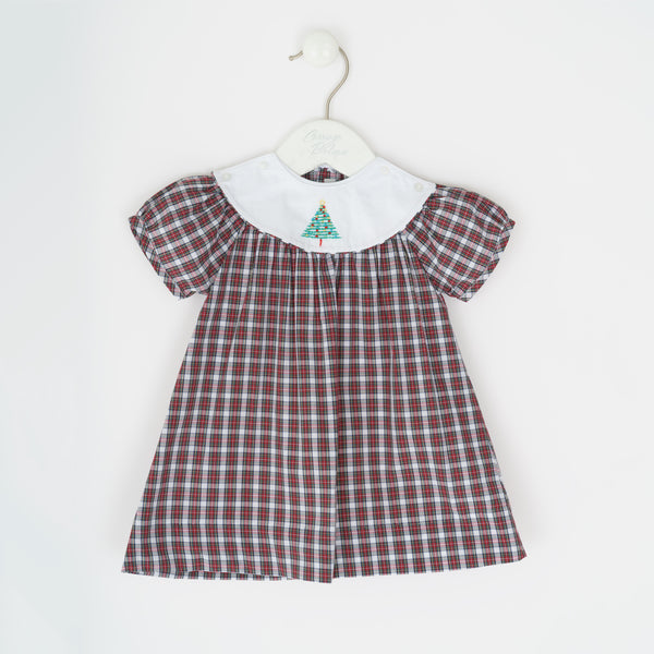 31053-Smocked Holiday Plaid Removable Bib Baby Girl Dress