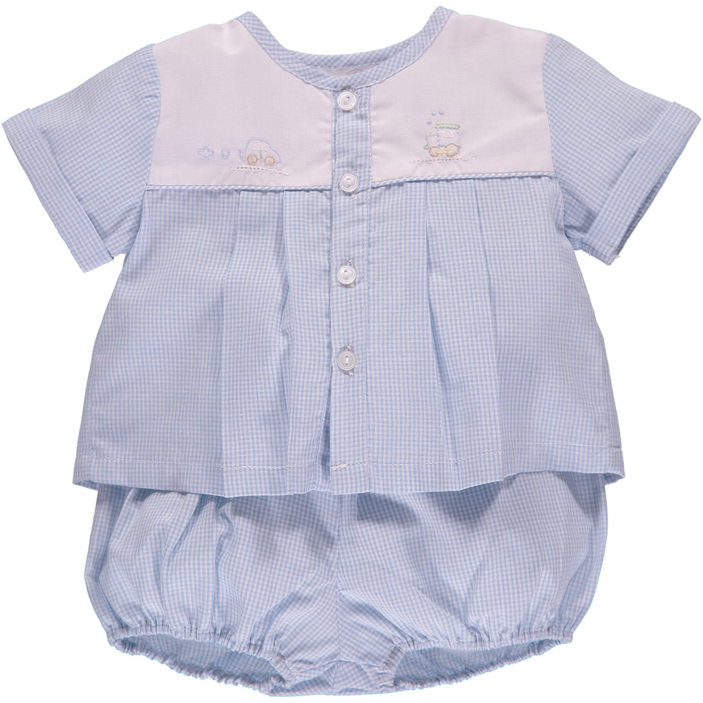  Baby Boys Hand Embroidered 2pc. Diaper Set - Blue Gingham, , Carriage Boutique, Imagewear 