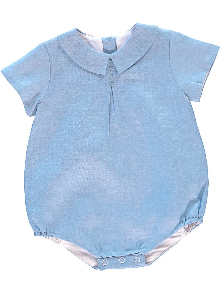 Wholesale Linen Pleated Blue Baby Boy Bubble Romper - Imagewear
