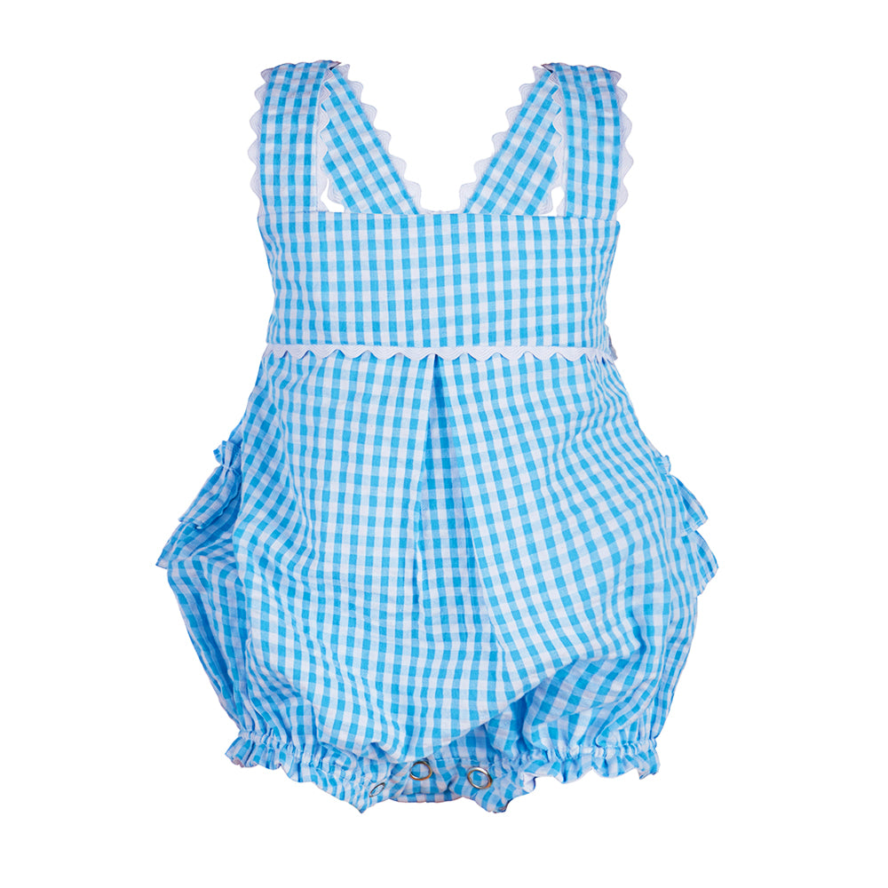 Monogram Check Baby Girl Bubble Romper  Aqua Blue- Imagewear