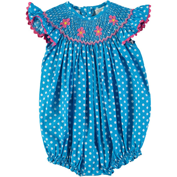 Wholesale Blue Dot Daisy Smocked Baby Girl Bubble - Imagewear