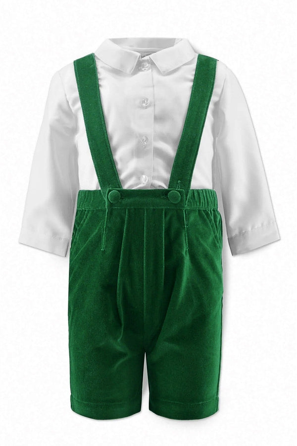 30002-Green Velvet Infant & Toddler Boy Suspender Short & Shirt Set
